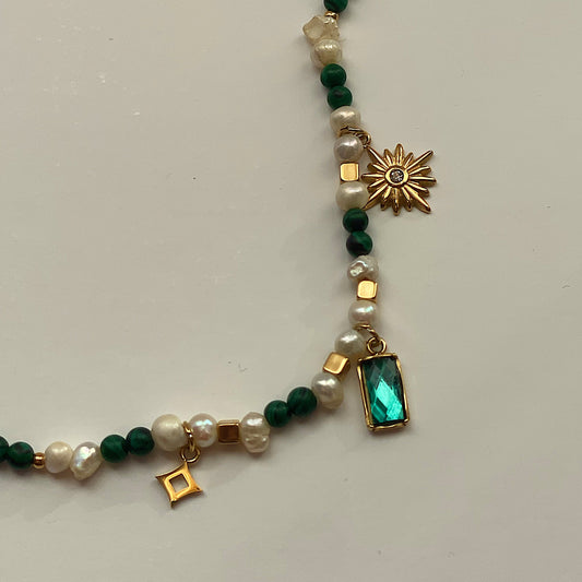 Pearl and Malachite Beaded Necklace with Emerald and Sun Pendants